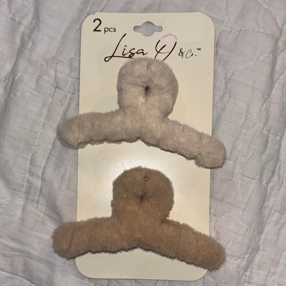 Accessories - Women's Fuzzy Hair Clips - Cream and Tan